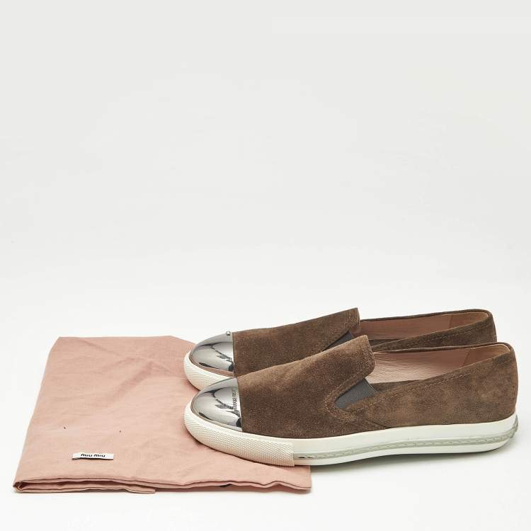 Pre Owned Miu Miu Brown Suede Metal Cap Toe Slip On Sneakers Size 37