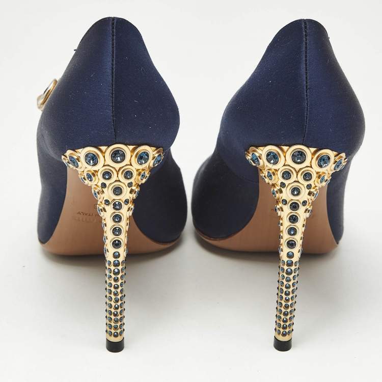 Pre Owned Miu Miu Blue/Gold Satin and Leather Mary Jane Pumps Size 38