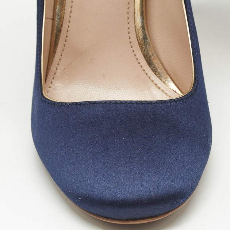 Pre Owned Miu Miu Blue/Gold Satin and Leather Mary Jane Pumps Size 38