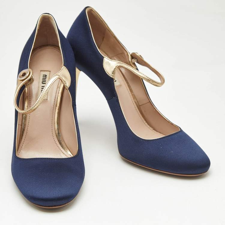 Pre Owned Miu Miu Blue/Gold Satin and Leather Mary Jane Pumps Size 38