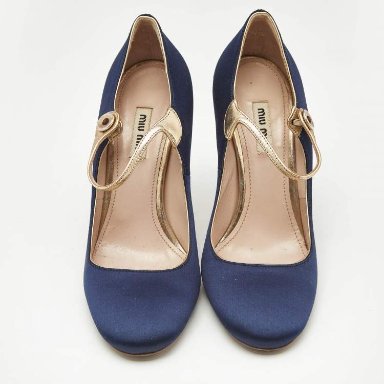 Pre Owned Miu Miu Blue/Gold Satin and Leather Mary Jane Pumps Size 38