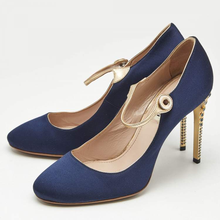 Pre Owned Miu Miu Blue/Gold Satin and Leather Mary Jane Pumps Size 38