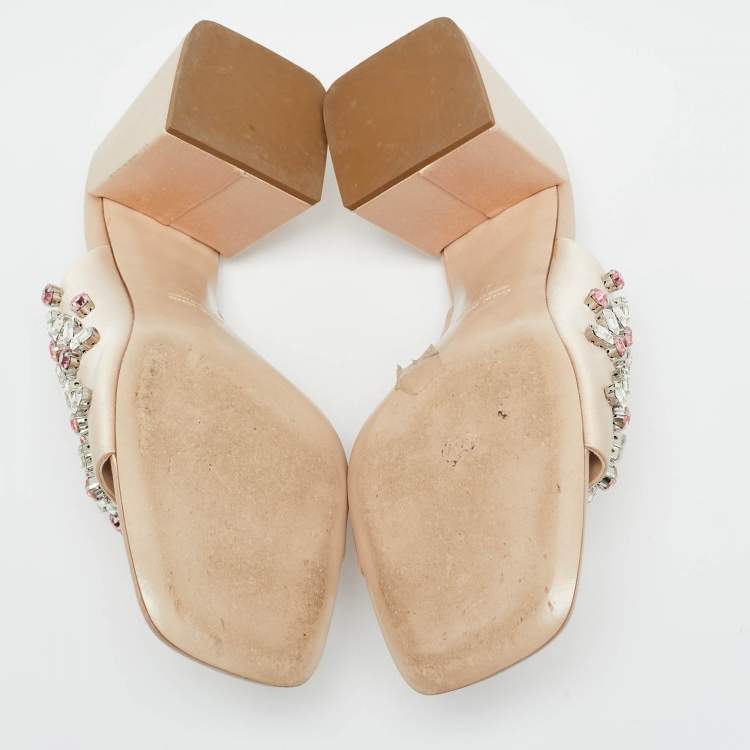 Pre Owned Miu Miu Beige Satin Crystal Embellished Block Heel Sandals Size 41
