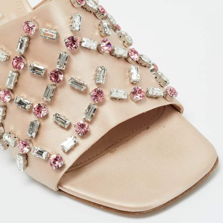 Pre Owned Miu Miu Beige Satin Crystal Embellished Block Heel Sandals Size 41