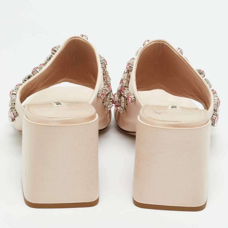 Pre Owned Miu Miu Beige Satin Crystal Embellished Block Heel Sandals Size 41