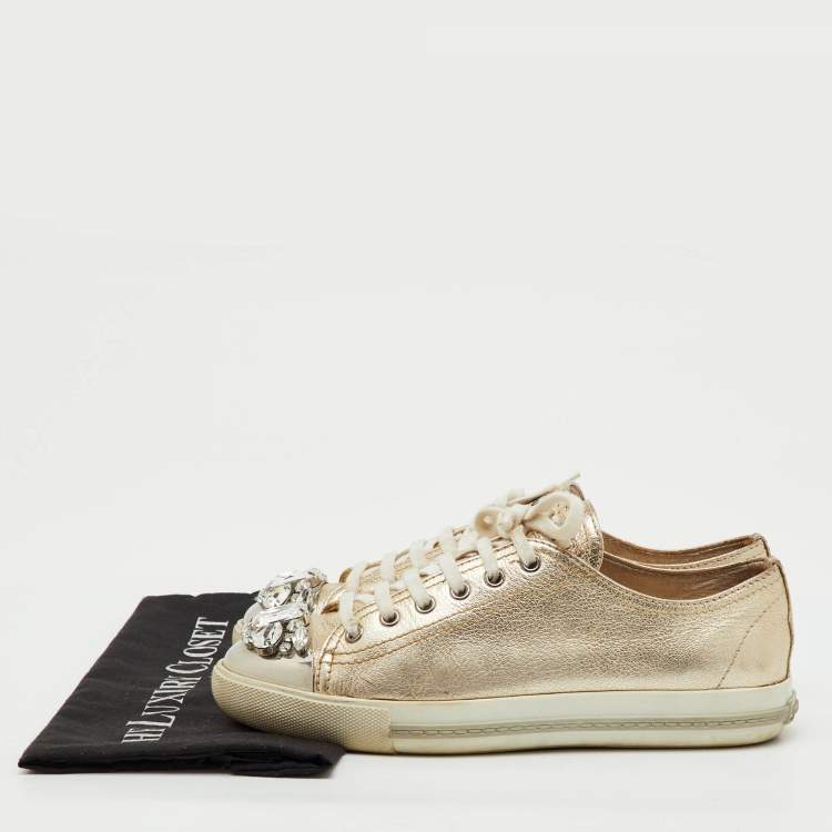 Pre Owned Miu Miu Gold Leather Crystal Embellished Cap Toe Low Top Sneakers Size 39