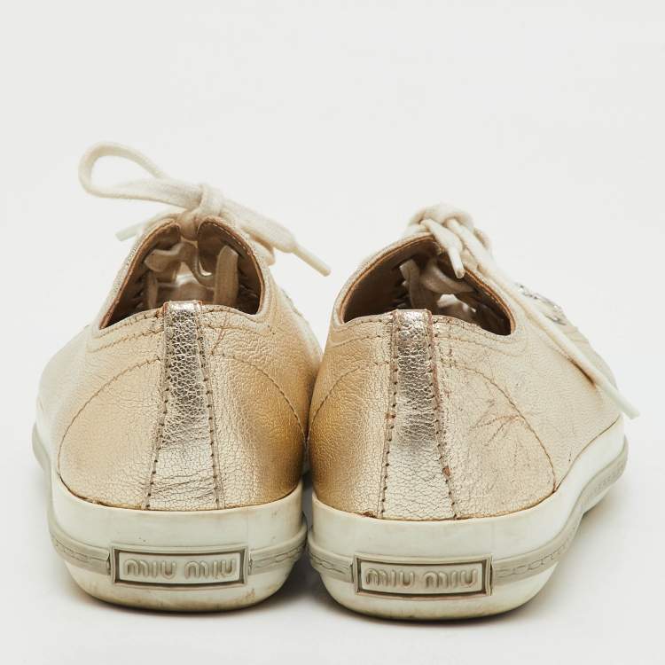 Pre Owned Miu Miu Gold Leather Crystal Embellished Cap Toe Low Top Sneakers Size 39