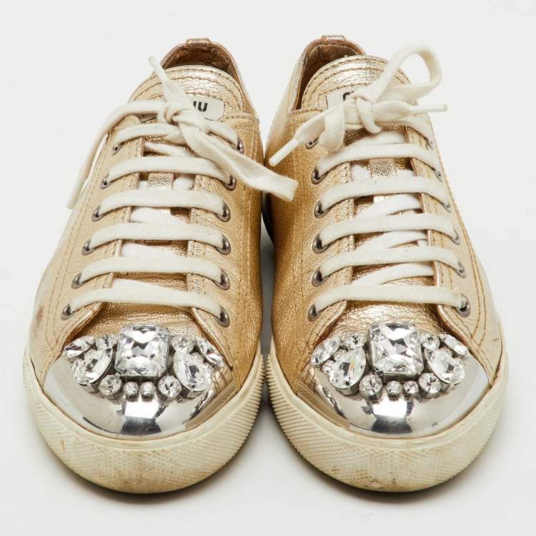 Pre Owned Miu Miu Gold Leather Crystal Embellished Cap Toe Low Top Sneakers Size 39