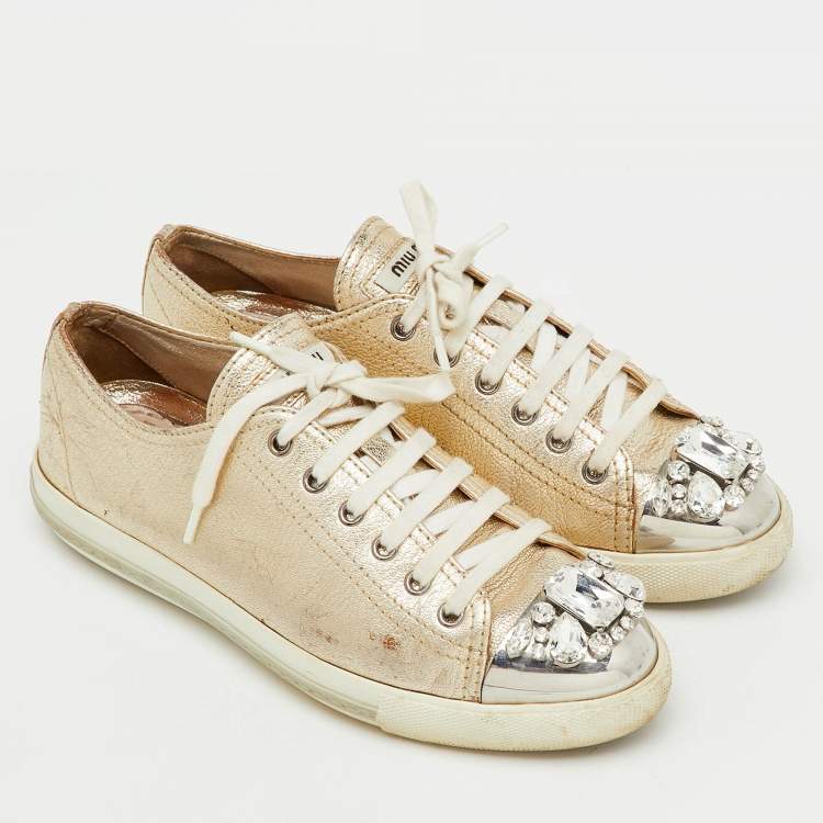 Pre Owned Miu Miu Gold Leather Crystal Embellished Cap Toe Low Top Sneakers Size 39