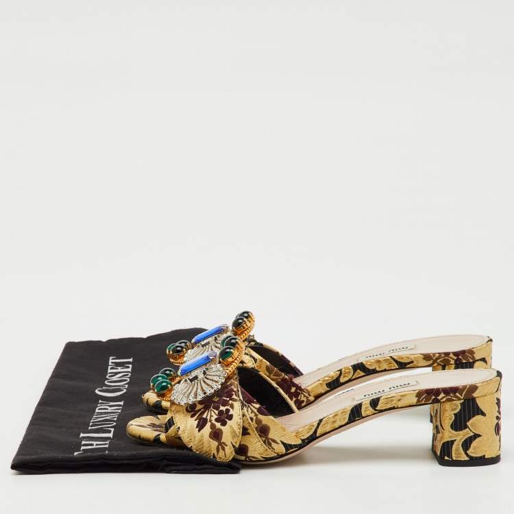 Pre Owned Miu Miu Multicolor Brocade Fabric Crystal Embellished Slide Sandals Size 37