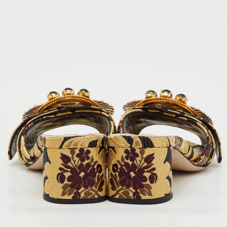 Pre Owned Miu Miu Multicolor Brocade Fabric Crystal Embellished Slide Sandals Size 37