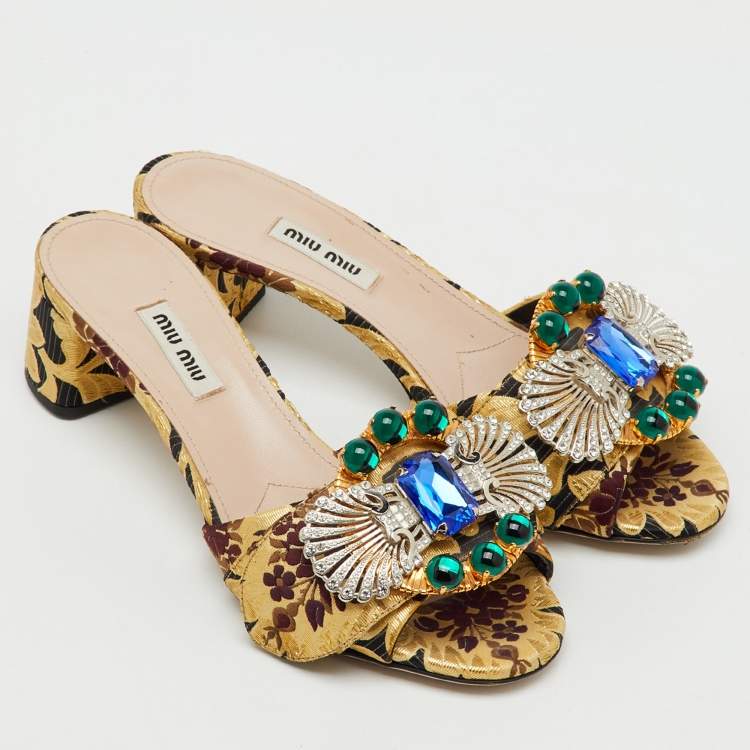 Pre Owned Miu Miu Multicolor Brocade Fabric Crystal Embellished Slide Sandals Size 37