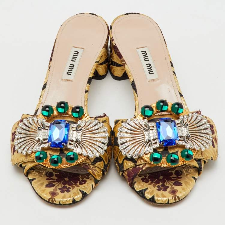 Pre Owned Miu Miu Multicolor Brocade Fabric Crystal Embellished Slide Sandals Size 37