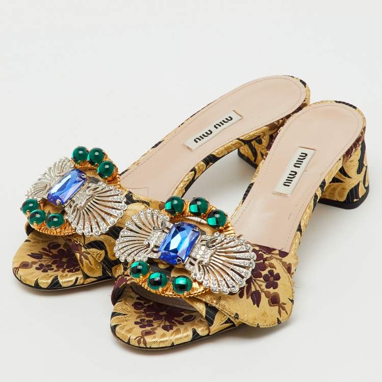 Pre Owned Miu Miu Multicolor Brocade Fabric Crystal Embellished Slide Sandals Size 37