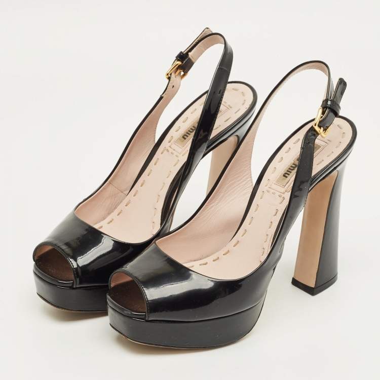 Pre Owned Miu Miu Black Patent Leather Open Toe Platform Slingback Pumps Size 35.5
