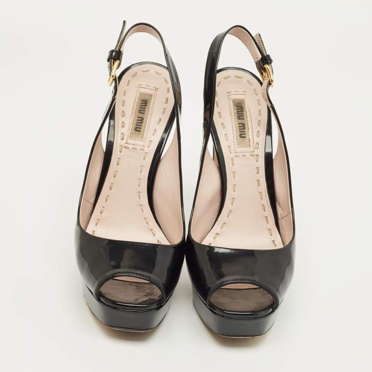 Pre Owned Miu Miu Black Patent Leather Open Toe Platform Slingback Pumps Size 35.5