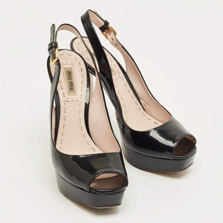 Pre Owned Miu Miu Black Patent Leather Open Toe Platform Slingback Pumps Size 35.5