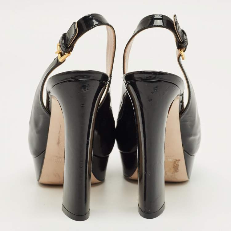 Pre Owned Miu Miu Black Patent Leather Open Toe Platform Slingback Pumps Size 35.5