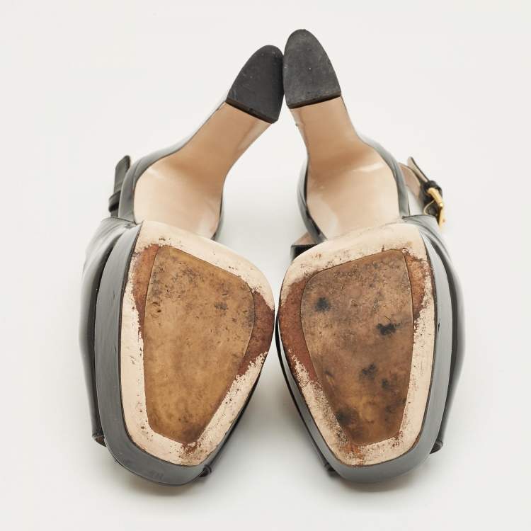Pre Owned Miu Miu Black Patent Leather Open Toe Platform Slingback Pumps Size 35.5