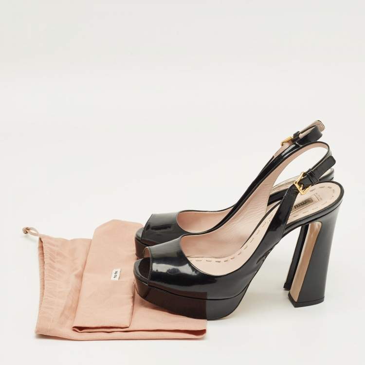 Pre Owned Miu Miu Black Patent Leather Open Toe Platform Slingback Pumps Size 35.5