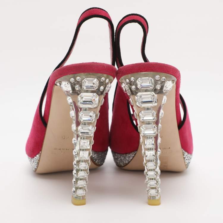 Pre Owned Miu Miu Pink Suede Crystal Heel Slingback Pumps Size 40