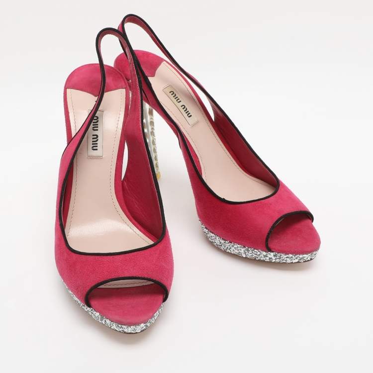 Pre Owned Miu Miu Pink Suede Crystal Heel Slingback Pumps Size 40