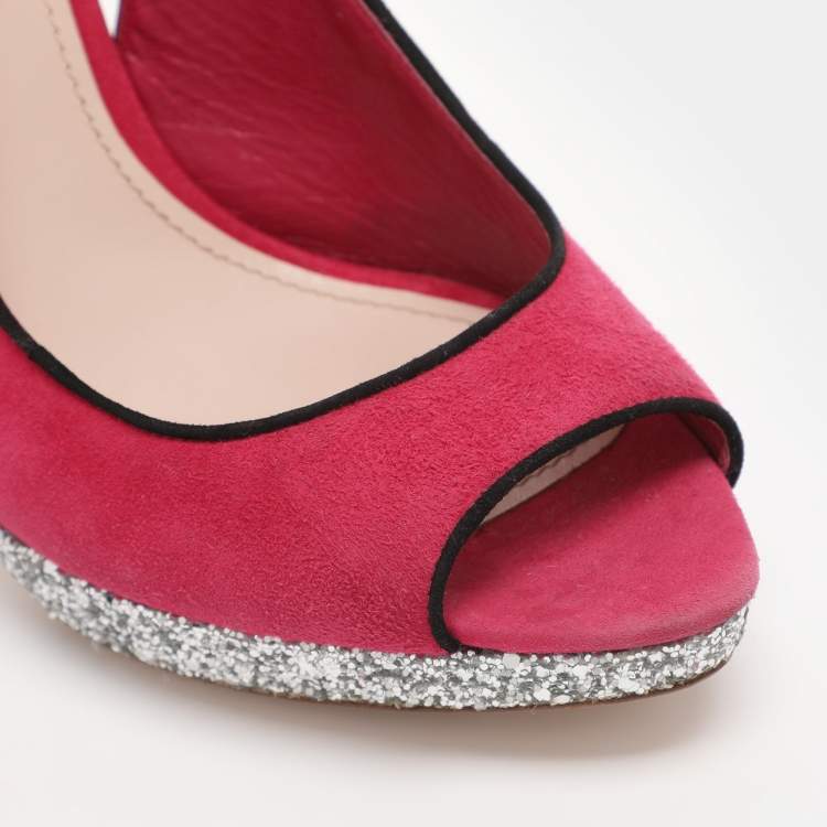 Pre Owned Miu Miu Pink Suede Crystal Heel Slingback Pumps Size 40