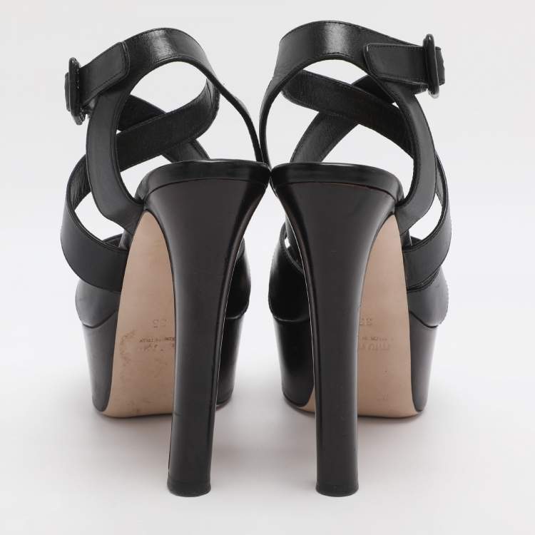 Pre Owned Miu Miu Black Leather Platform Ankle Strap Sandals Size 35