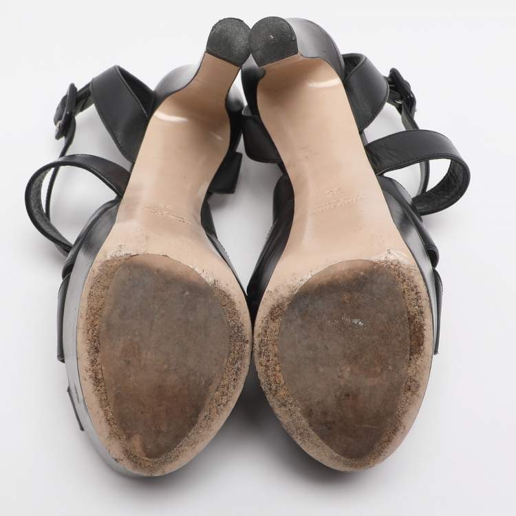 Pre Owned Miu Miu Black Leather Platform Ankle Strap Sandals Size 35