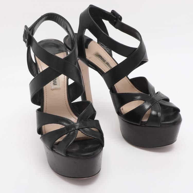 Pre Owned Miu Miu Black Leather Platform Ankle Strap Sandals Size 35