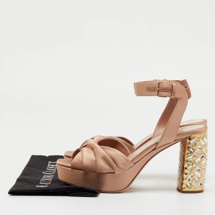 Pre Owned Miu Miu Beige Satin Crystal Embellished Block Heel Platform Ankle Strap Sandals Size 40
