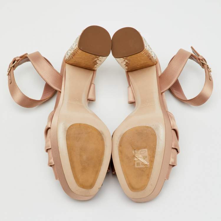 Pre Owned Miu Miu Beige Satin Crystal Embellished Block Heel Platform Ankle Strap Sandals Size 40
