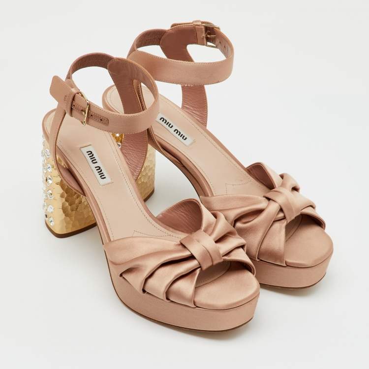 Pre Owned Miu Miu Beige Satin Crystal Embellished Block Heel Platform Ankle Strap Sandals Size 40