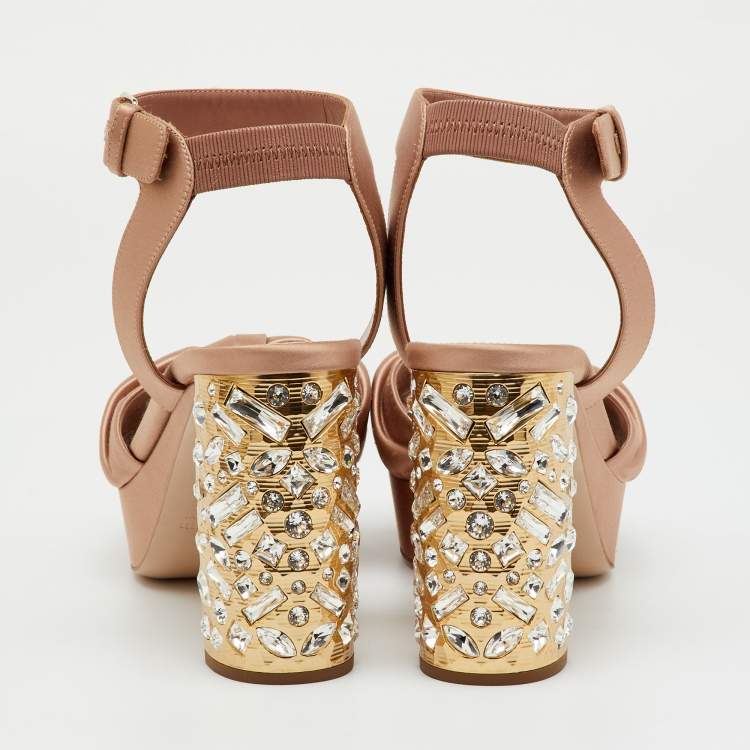 Pre Owned Miu Miu Beige Satin Crystal Embellished Block Heel Platform Ankle Strap Sandals Size 40
