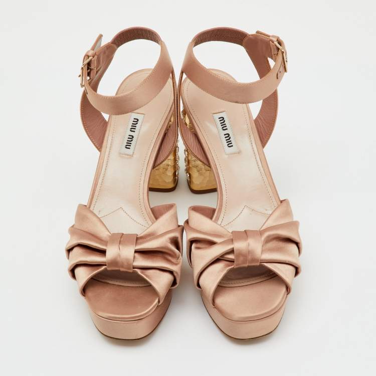 Pre Owned Miu Miu Beige Satin Crystal Embellished Block Heel Platform Ankle Strap Sandals Size 40