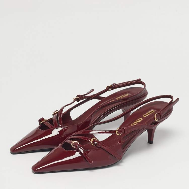 Pre Owned Miu Miu Burgundy Patent Leather Pointed Toe Buckle Slingback Pumps Size 38