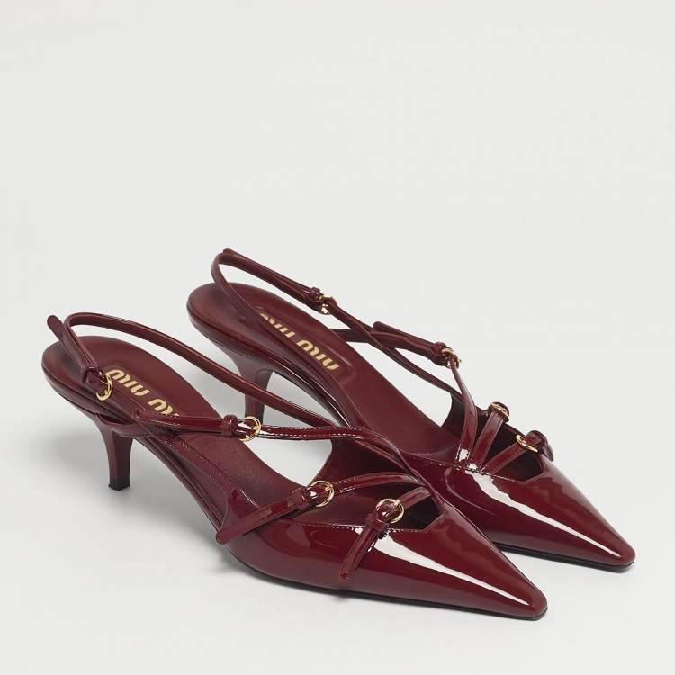 Pre Owned Miu Miu Burgundy Patent Leather Pointed Toe Buckle Slingback Pumps Size 38