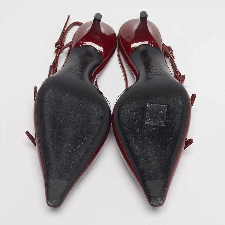 Pre Owned Miu Miu Burgundy Patent Leather Pointed Toe Buckle Slingback Pumps Size 38