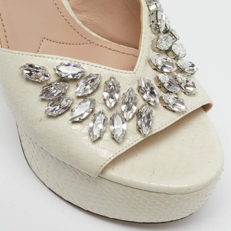 Pre Owned Miu Miu Cream Python Leather Crystal Embellish Platform Ankle Strap Sandals Size 36.5