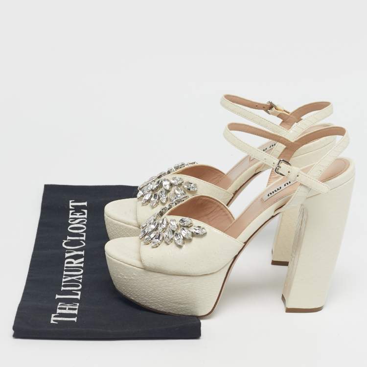 Pre Owned Miu Miu Cream Python Leather Crystal Embellish Platform Ankle Strap Sandals Size 36.5
