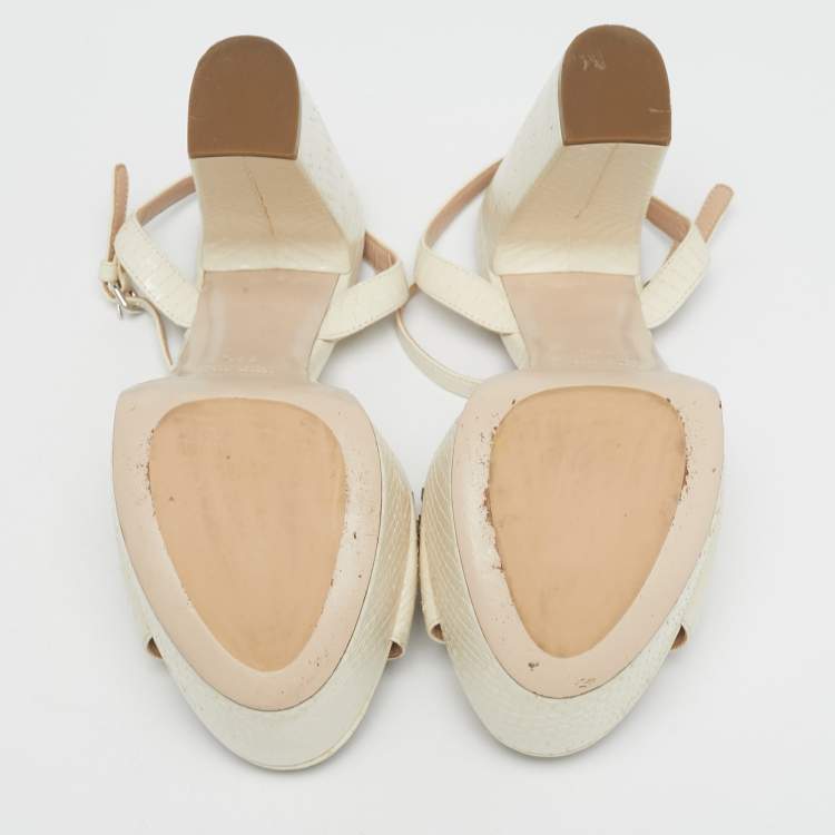 Pre Owned Miu Miu Cream Python Leather Crystal Embellish Platform Ankle Strap Sandals Size 36.5