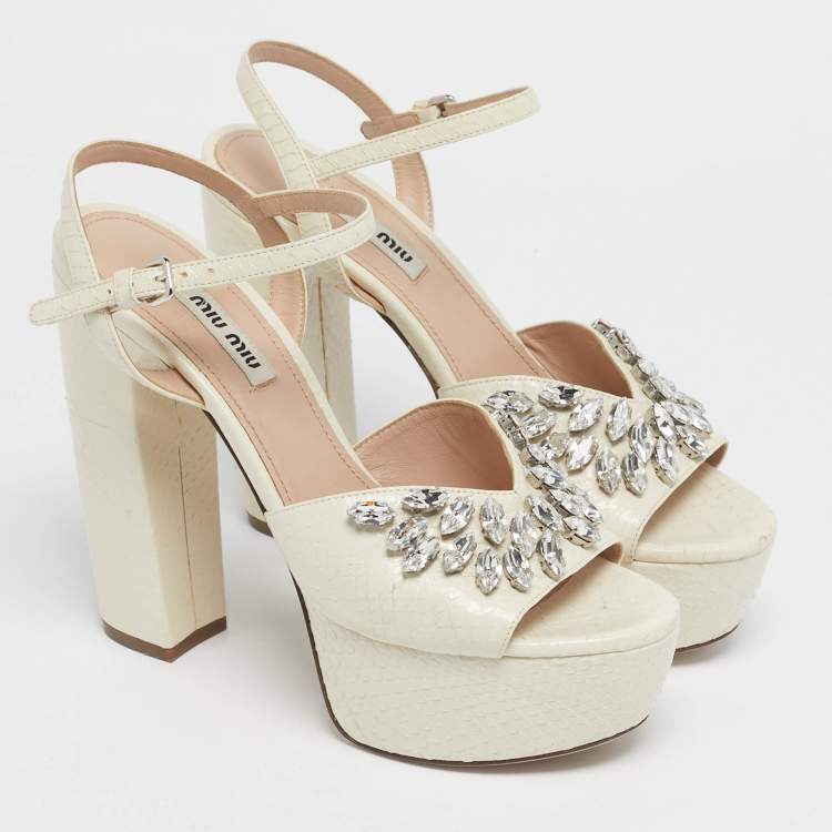 Pre Owned Miu Miu Cream Python Leather Crystal Embellish Platform Ankle Strap Sandals Size 36.5