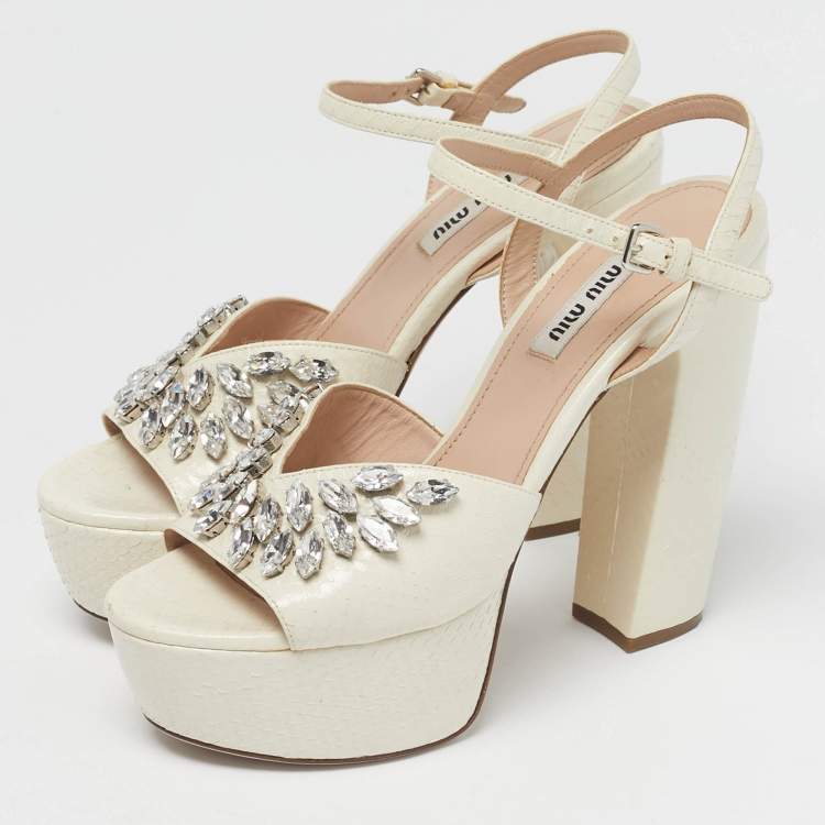 Pre Owned Miu Miu Cream Python Leather Crystal Embellish Platform Ankle Strap Sandals Size 36.5