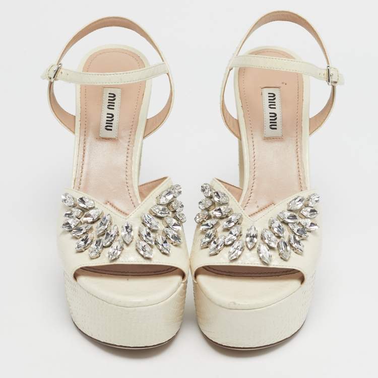 Pre Owned Miu Miu Cream Python Leather Crystal Embellish Platform Ankle Strap Sandals Size 36.5
