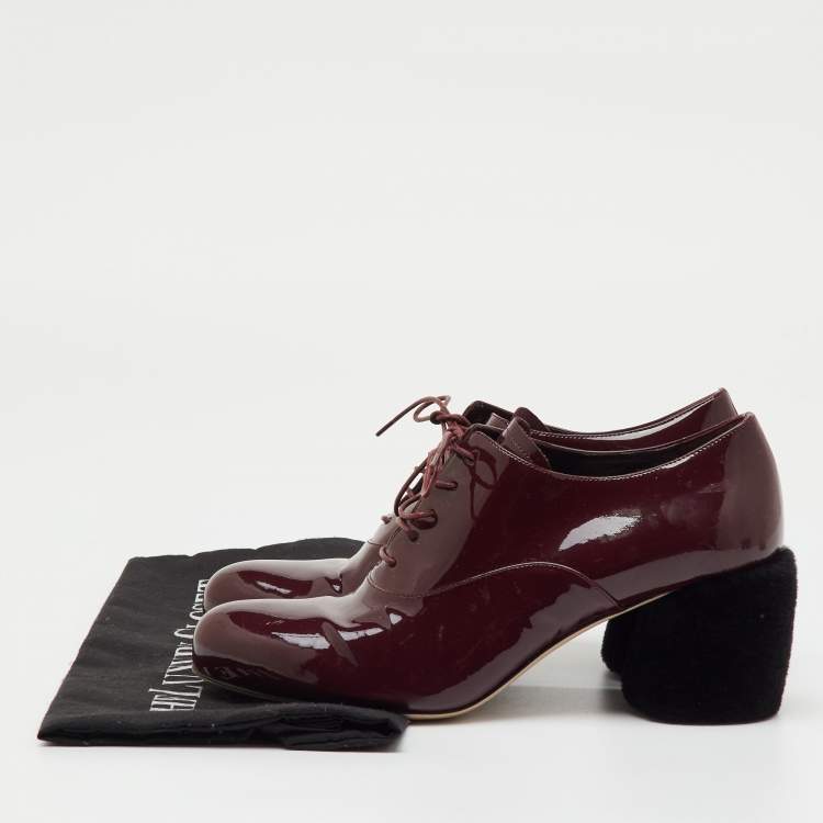 مملوكة مسبقًا Miu Miu Burgundy Patent Leather Shearling Fur Block Heel Oxfords Size 36.5