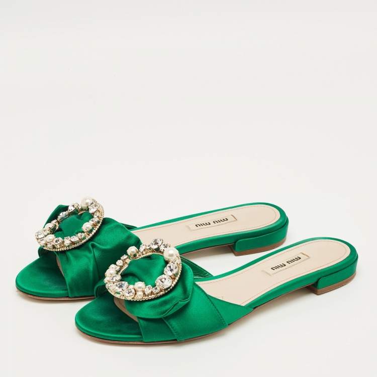 Pre Owned Miu Miu Green Satin Crystal Embellish Flat Slide Size 37.5
