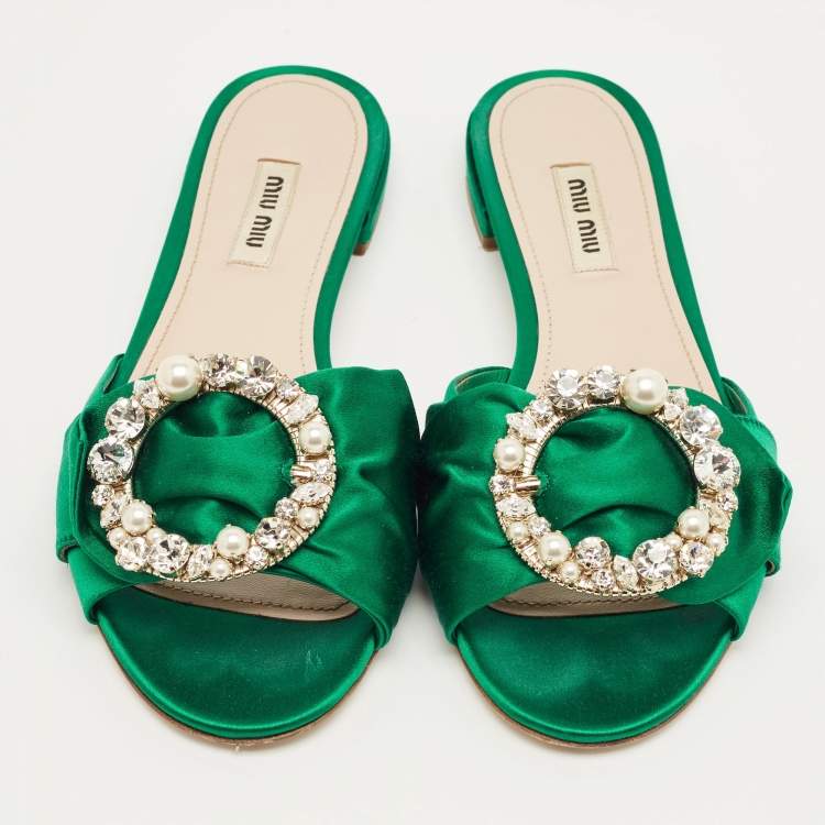 Pre Owned Miu Miu Green Satin Crystal Embellish Flat Slide Size 37.5