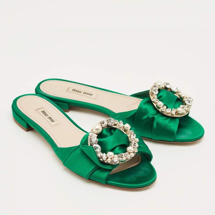 Pre Owned Miu Miu Green Satin Crystal Embellish Flat Slide Size 37.5