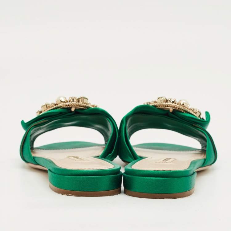 Pre Owned Miu Miu Green Satin Crystal Embellish Flat Slide Size 37.5