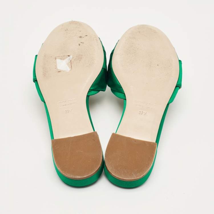 Pre Owned Miu Miu Green Satin Crystal Embellish Flat Slide Size 37.5